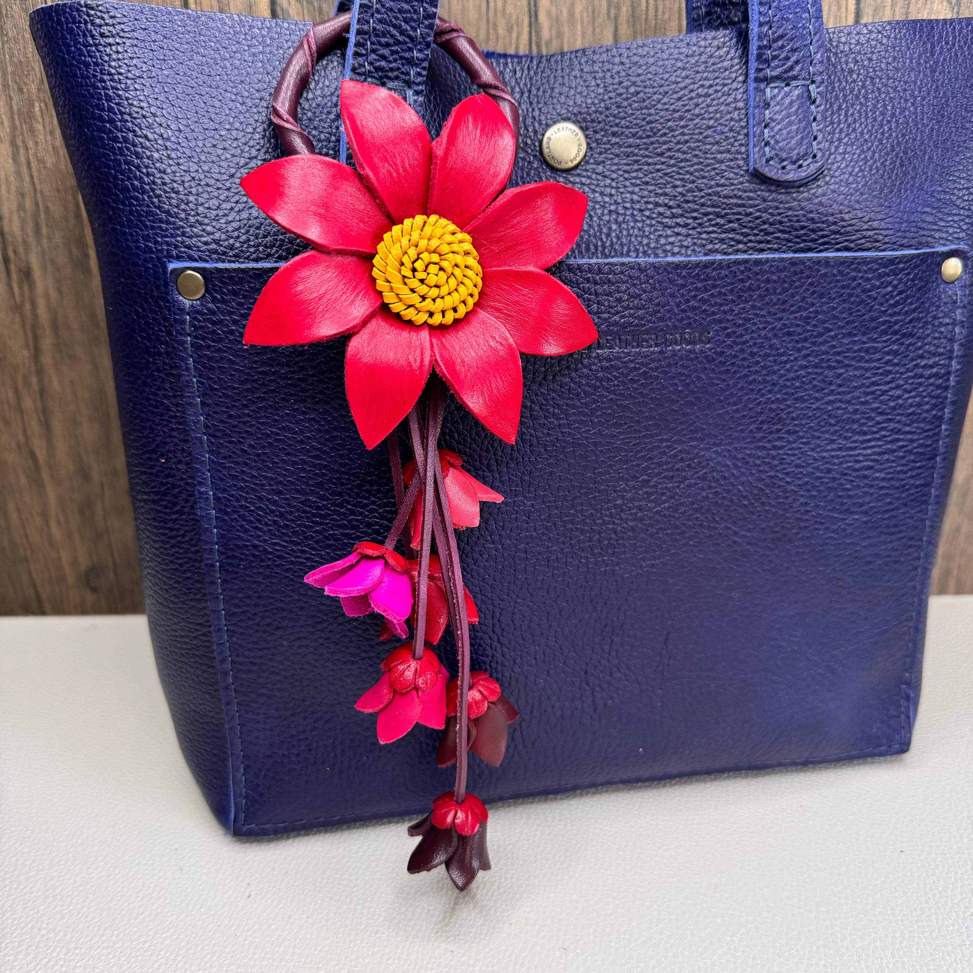 Red Daisy Leather Bag Charm Purse Keychain Genuine Leather Charm