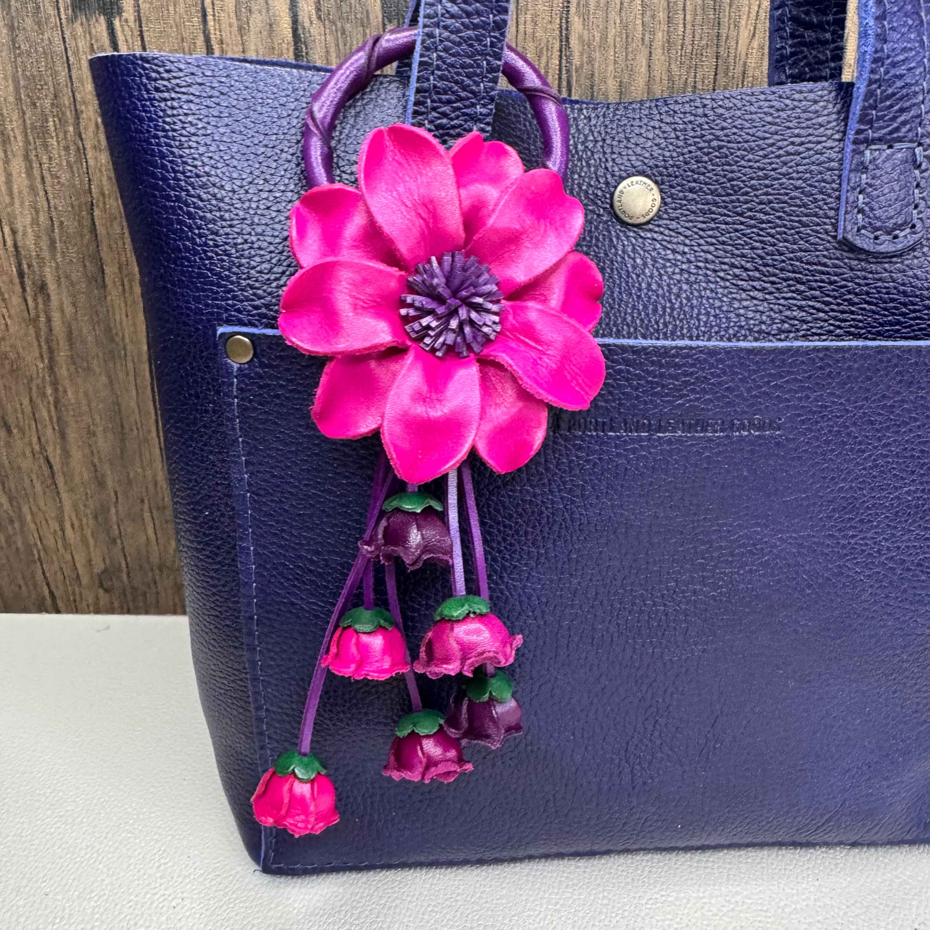 HOT Pink Genuine Leather Bag Charm Leather Purse Flower Bag Charm