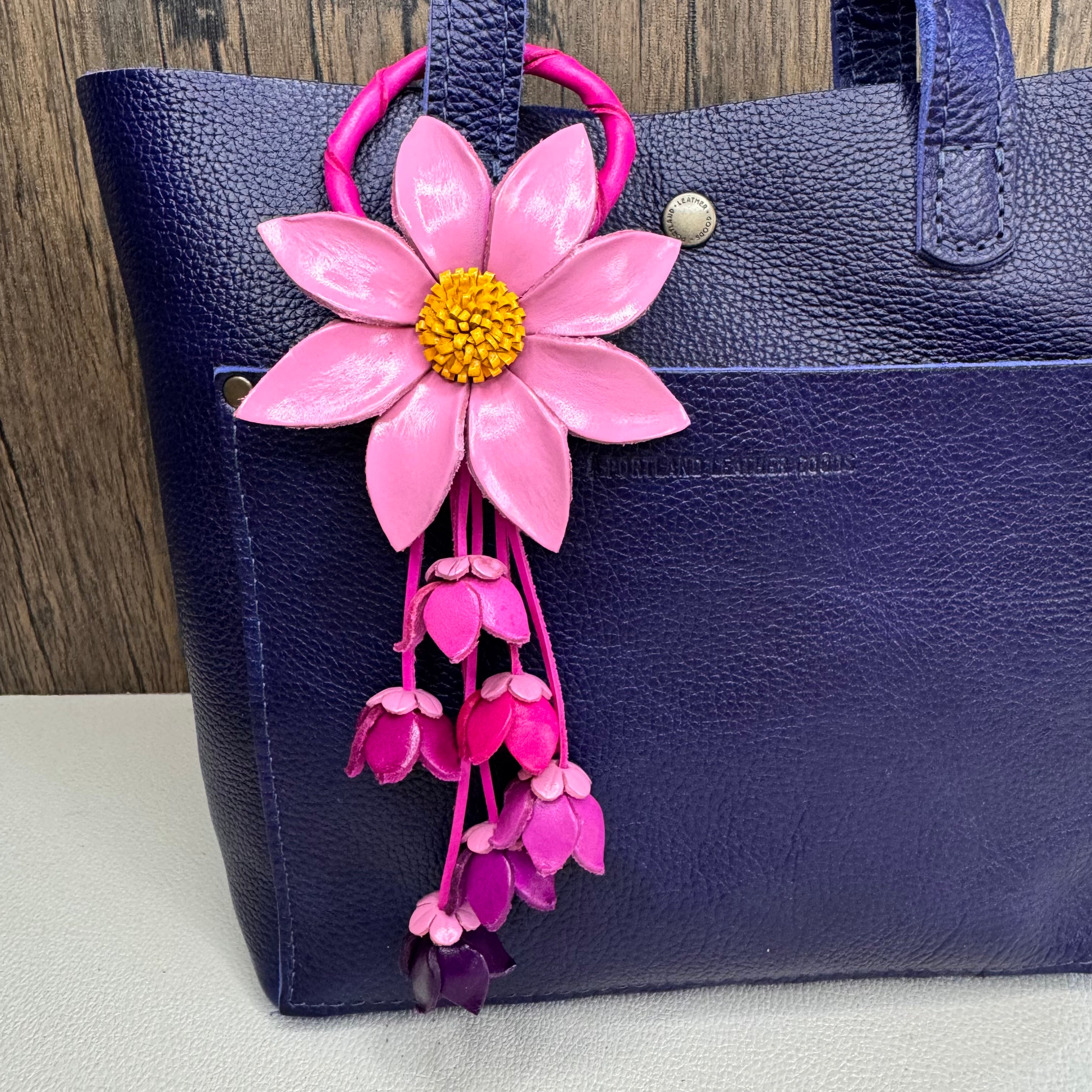 Pink Daisy Genuine Leather Bag Charm Leather Purse Flower Bag Charm