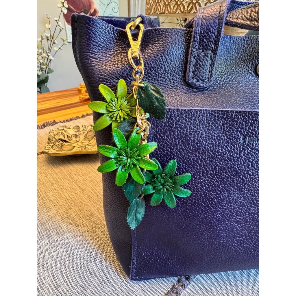 Colorful Green Flower Bag Charm Genuine Leather Purse Charm Flower Charms NEW!