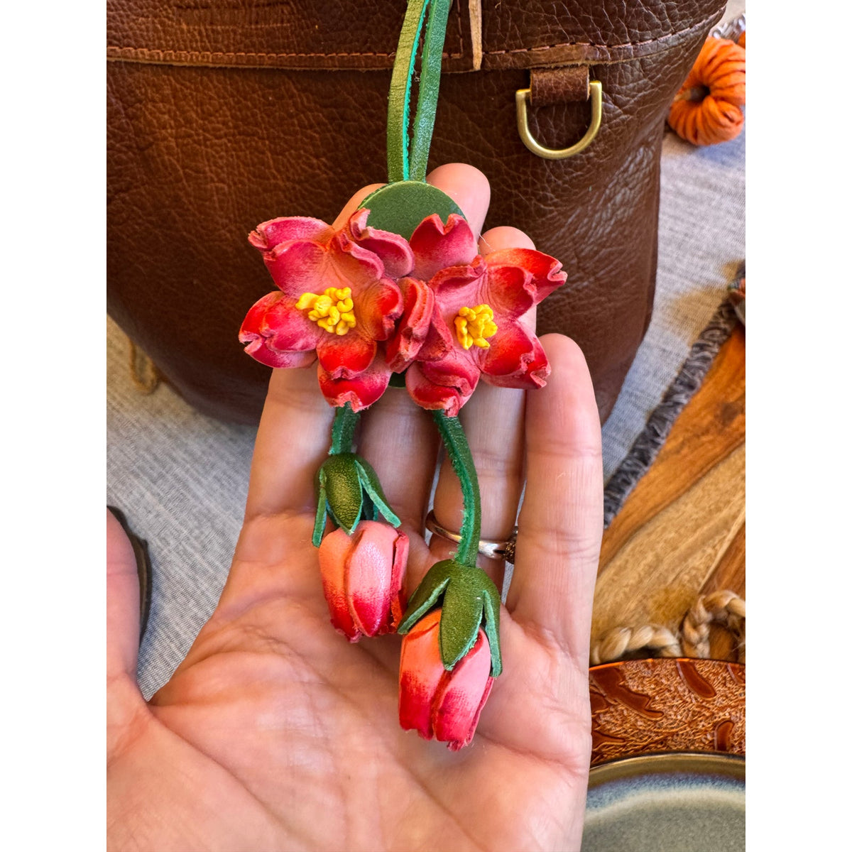 Genuine Leather Trailing Pink Flower Purse Charm Leather Bag Charm
