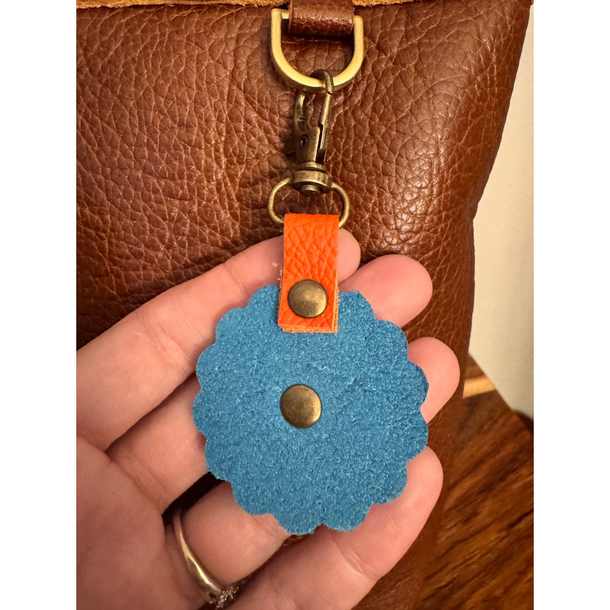 Blue Orange Bag Charm Genuine Leather Purse Charm Scalloped Cute Accessories