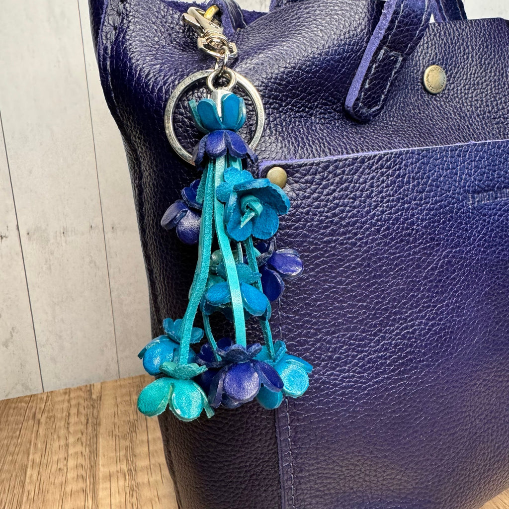 Blue Purse Charm Genuine Leather Bag Charm Blue Flower Bouquet FAST SHIP