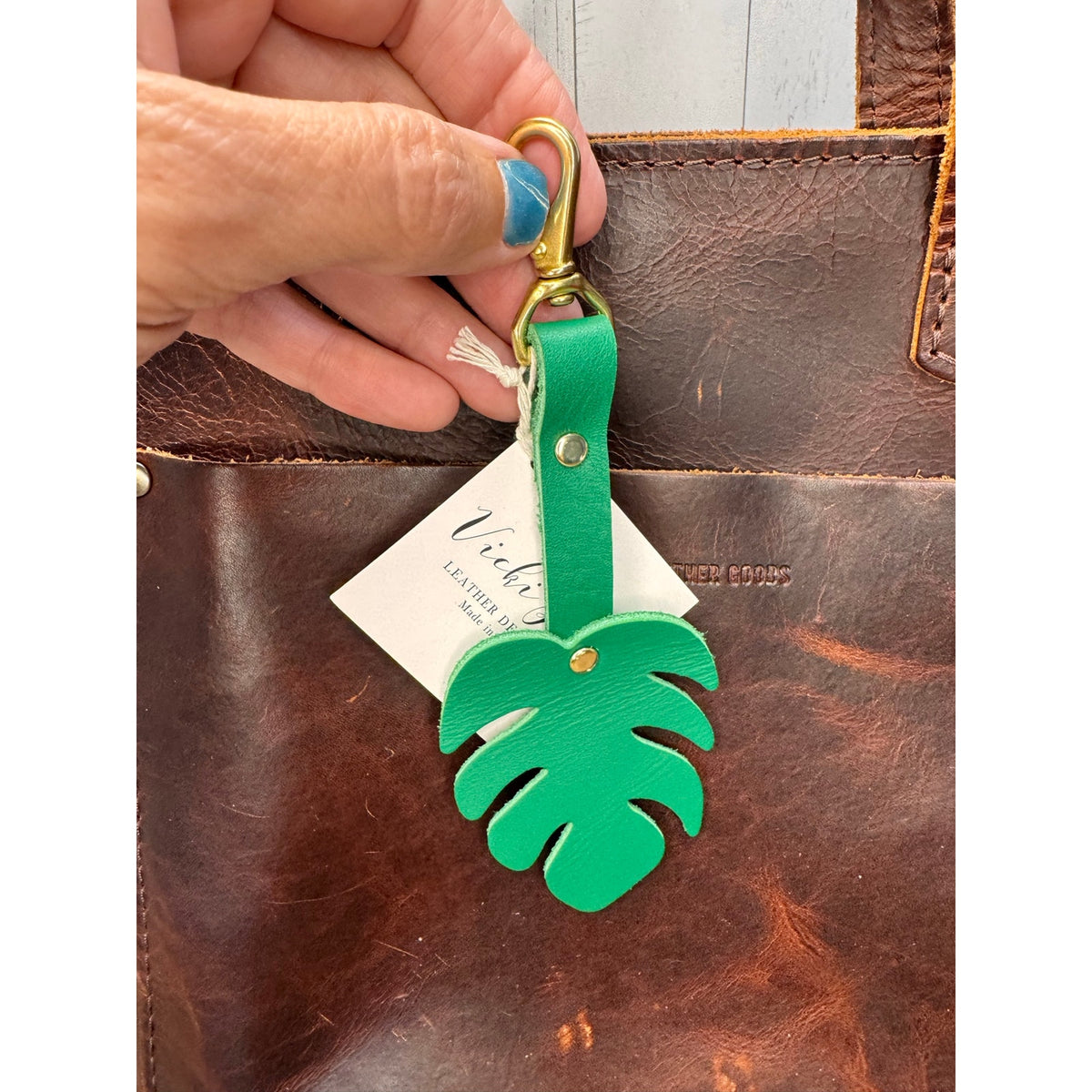 Monstera Leaf Green Leather Bag Charm Genuine Leather Purse Keychain FAST SHIP