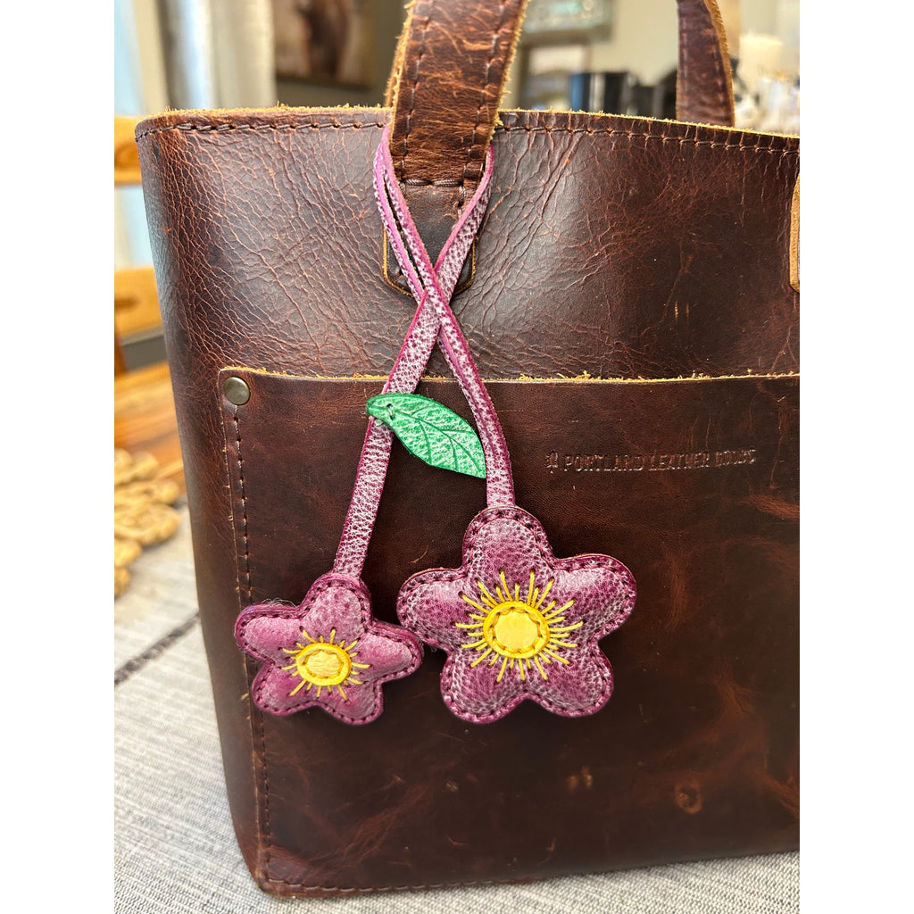 Double Purple Flower Bag Charm Daisy Flower Genuine Leather Purse Charm