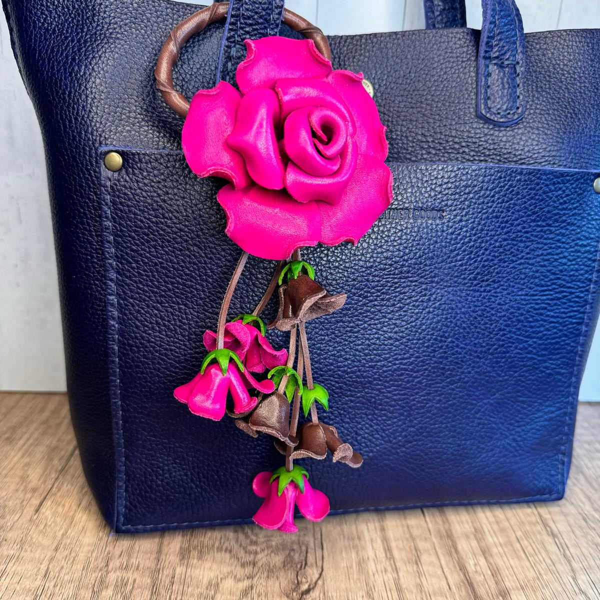 Leather Hot Pink Rose Purse Charm Genuine Leather Flower Bag Charm NEW FAST SHIP
