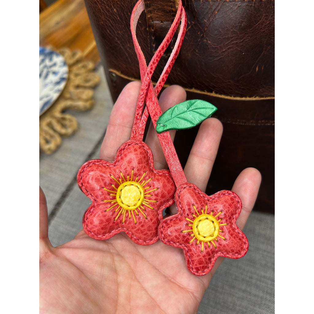 Double Red Pink Flower Bag Charm Daisy Flower Genuine Leather Purse Charm