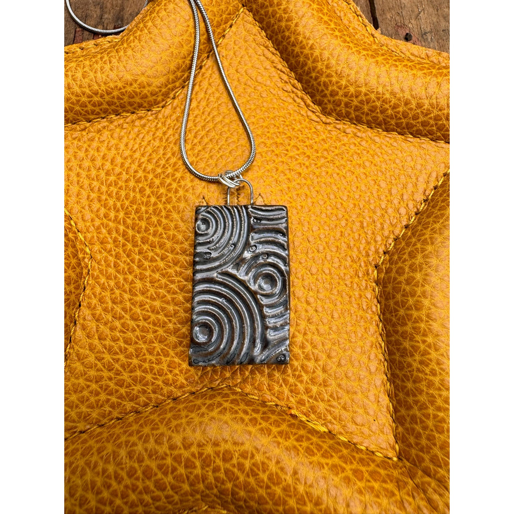 Kiln Fired Mirror Circle Pendant Necklace Handcrafted Ceramic Blue Gray Necklace