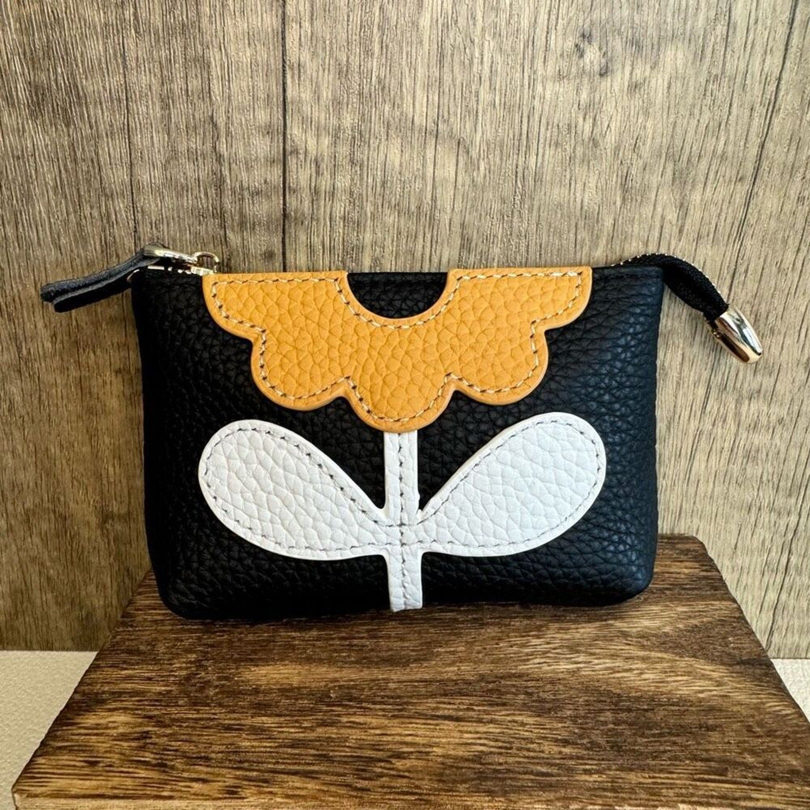 Flower Coin Purse Wallet Black Leather Wallet NEW FAST SHIP Genuine Leather