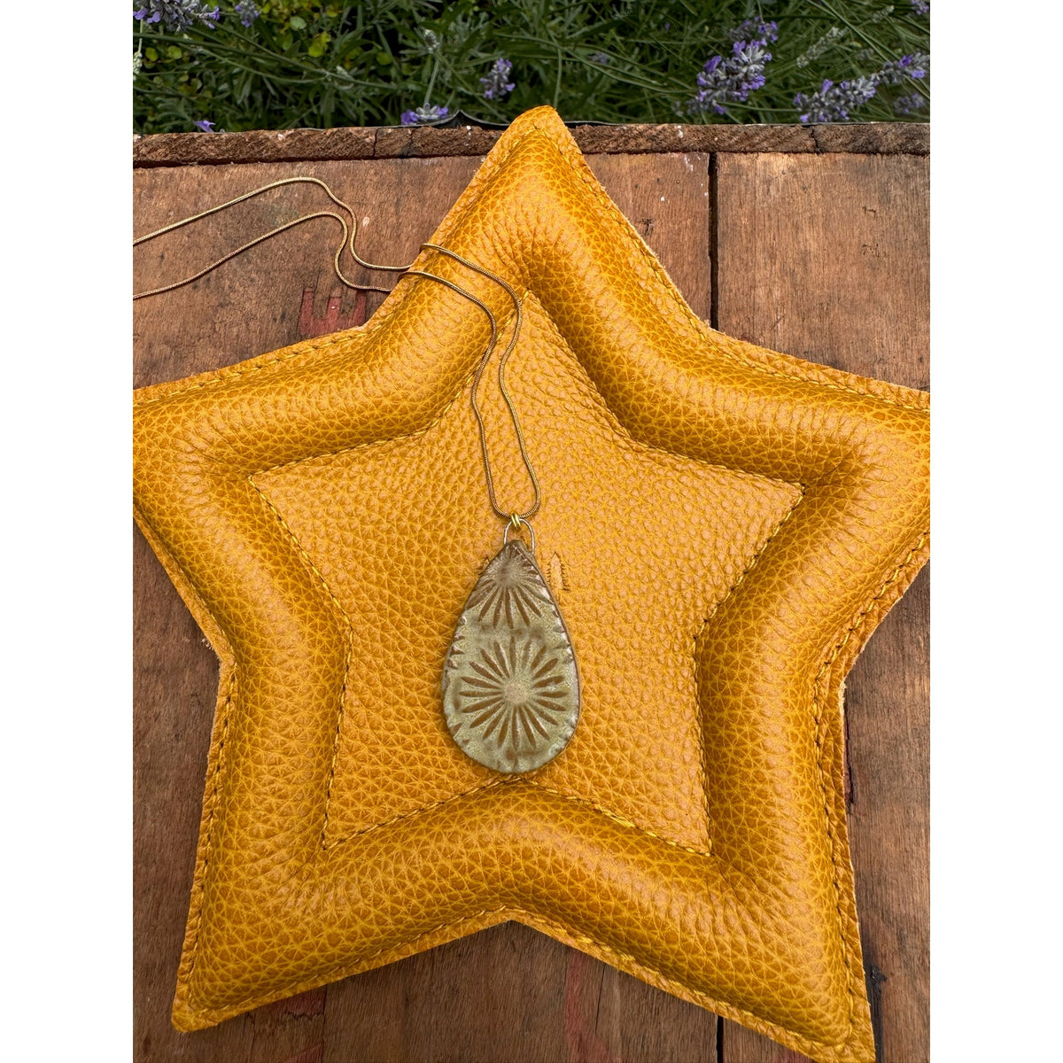 Kiln Fired Tear Drop Necklace Handcrafted Ceramic Daisy Flowers Neutral Jewelry