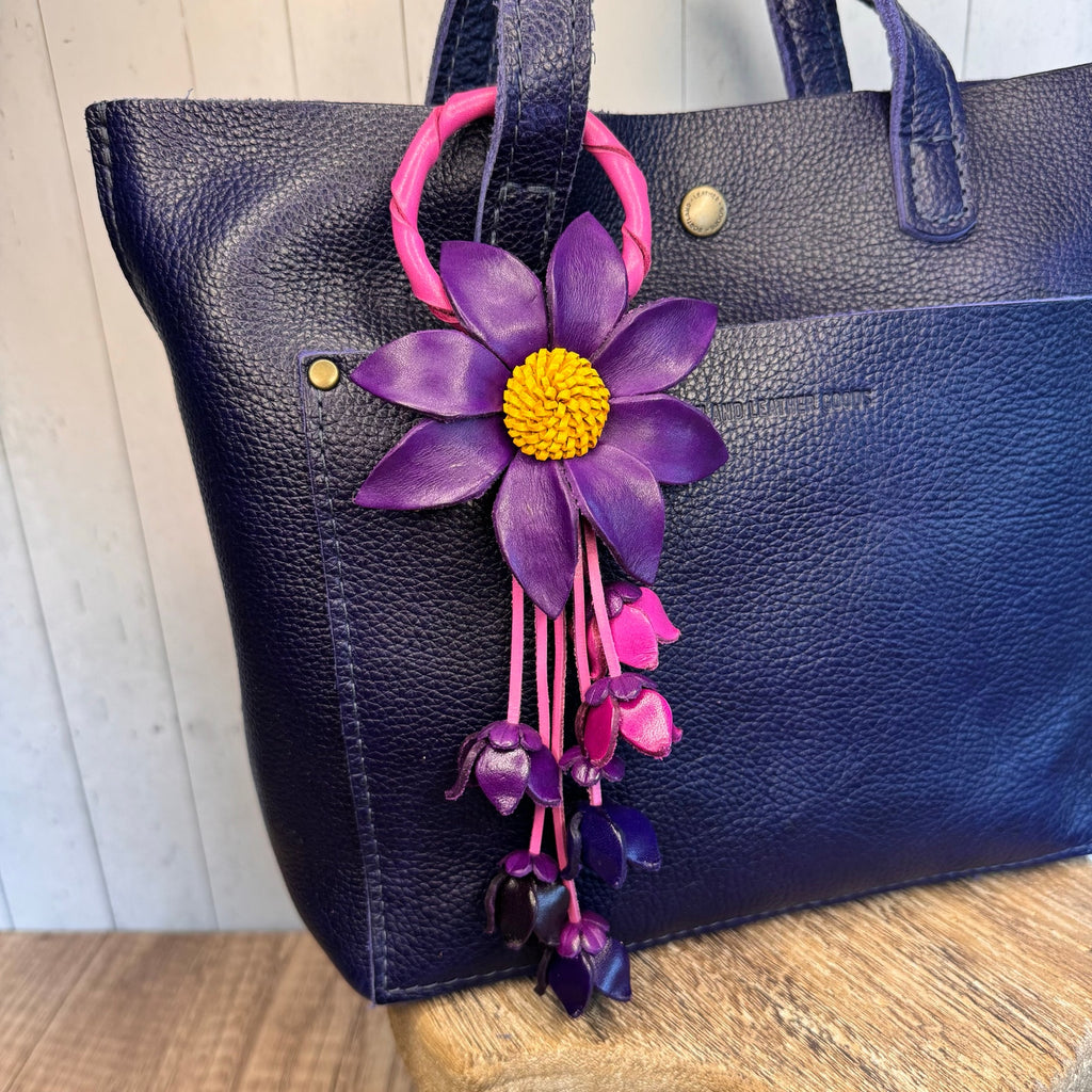 Leather Purse Charm Purple Flower Charm Genuine Leather Bag Charm NEW!