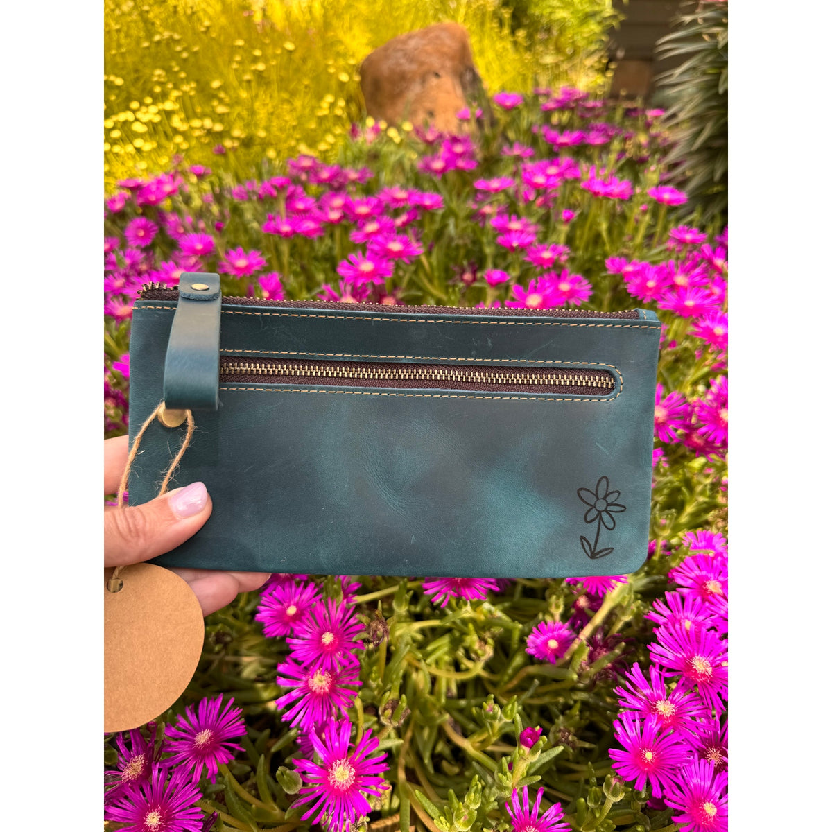 Genuine Leather Ocean Blue Dark Makeup Bag Clutch Pouch Leather Wristlet Bag