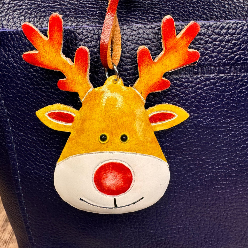 Reindeer Purse Charm Genuine Leather Bag Charm Rudolph Red Nosed Reindeer