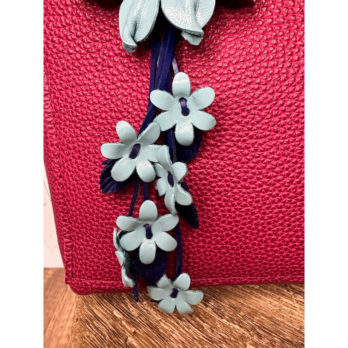 Blue Leather Purse Charm Blue Flower Charm Genuine Leather Daisy Bag Charm NEW!