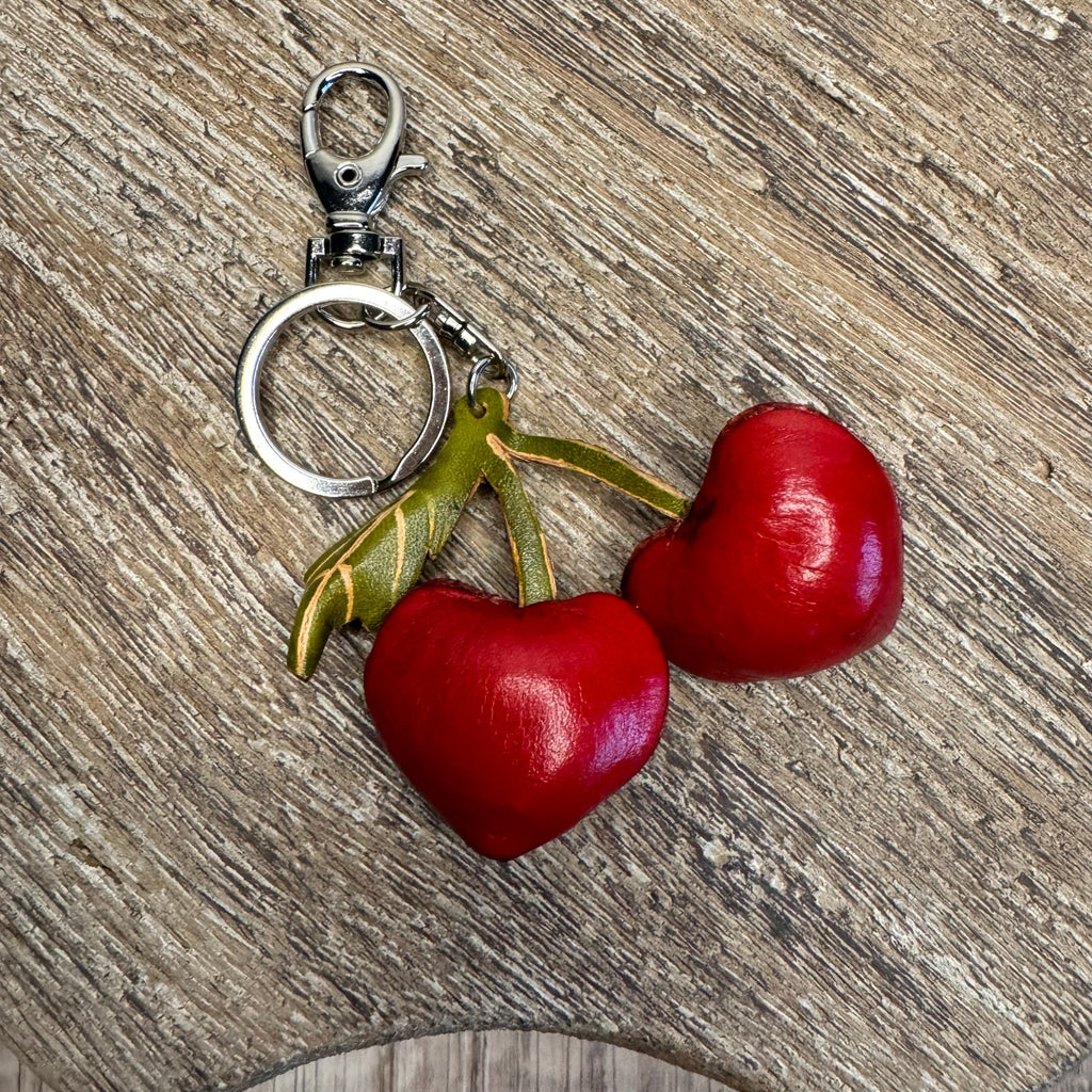 Genuine Leather Cherries Bag Charm Hand Painted Leather Cherry Keychain NEW!