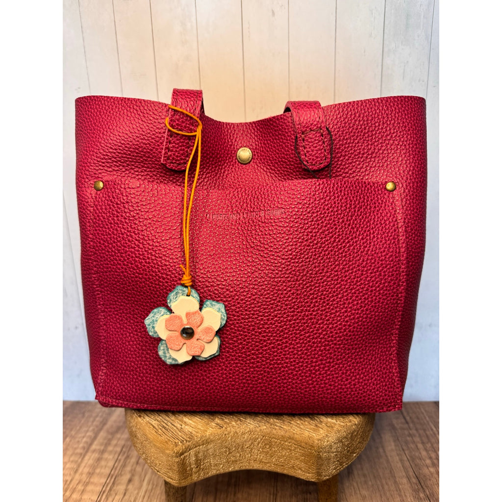 Leather Flower Bag Charm Pink White Blue Flower Purse Charm Genuine Leather