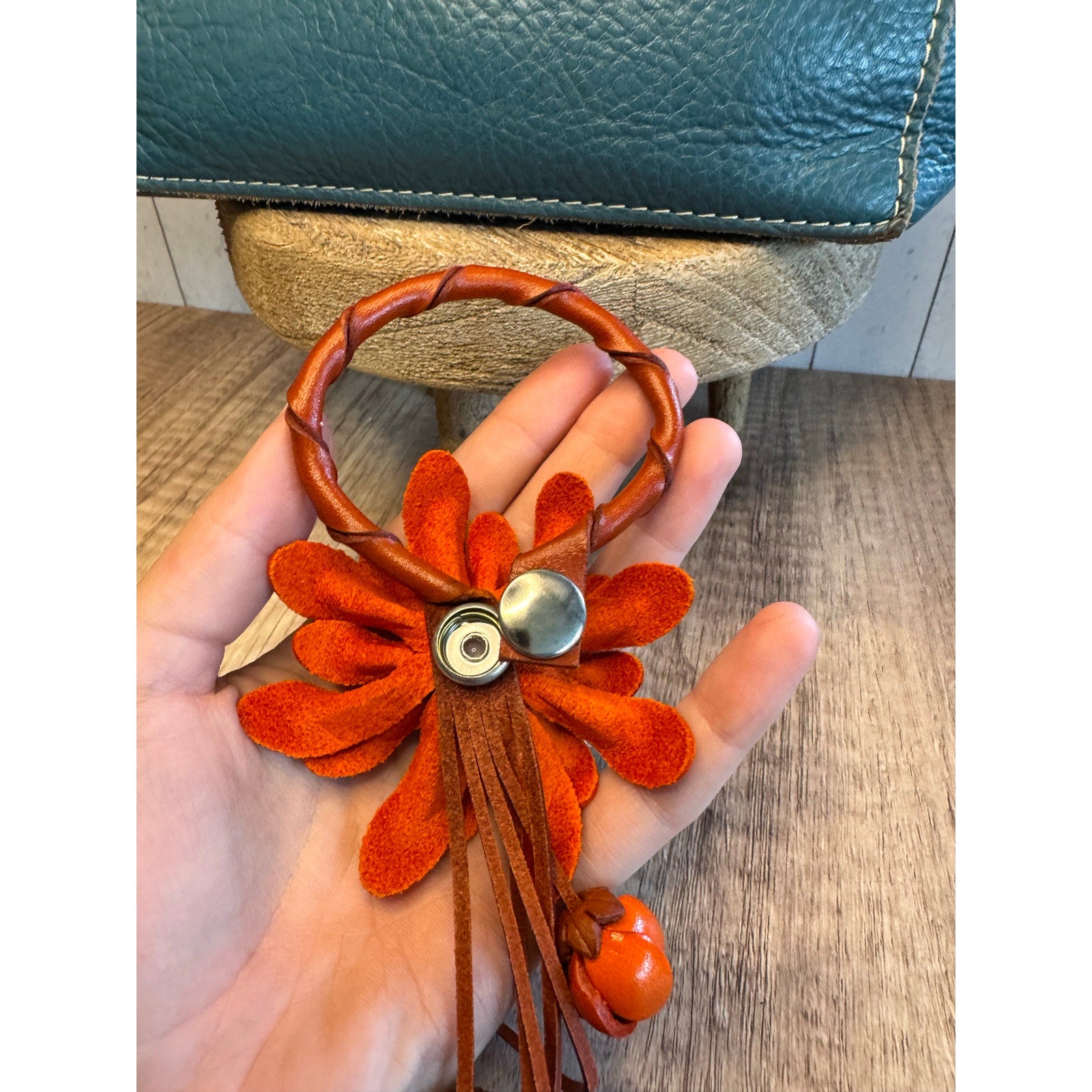 Leather Mum Flower Dahlia Orange  Purse Charm Genuine Leather Flower Bag Charm