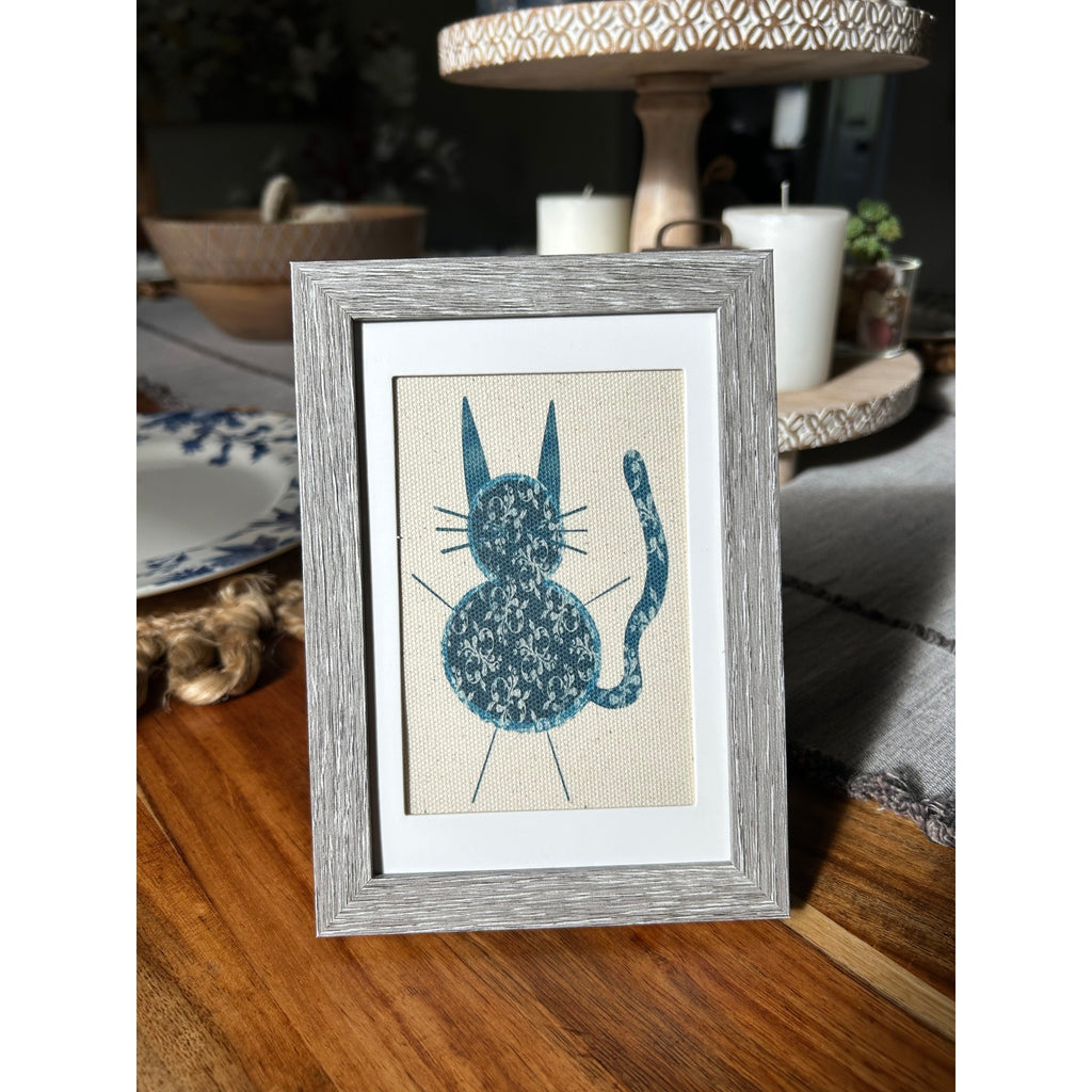 Kitty Cat Cat Mini Picture Frame Original Art Canvas Wall Art Decor Blue Pattern