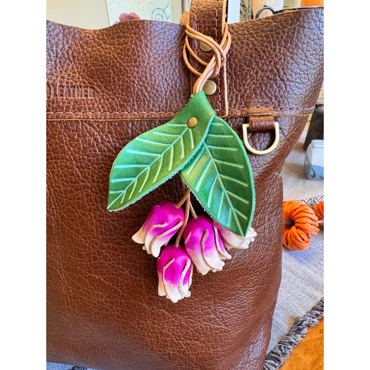 Genuine Leather Green Leaf Hot Pink Flower Purse Charm Leather Bag Charm