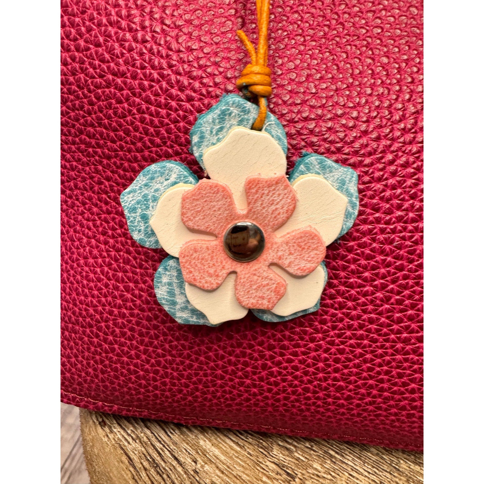 Leather Flower Bag Charm Pink White Blue Flower Purse Charm Genuine Leather