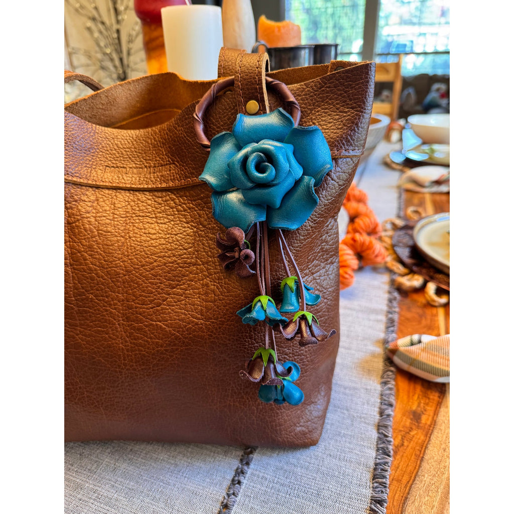 Bright Blue Rose Purse Charm Flower Bag Charm Genuine Leather Accessories NEW!
