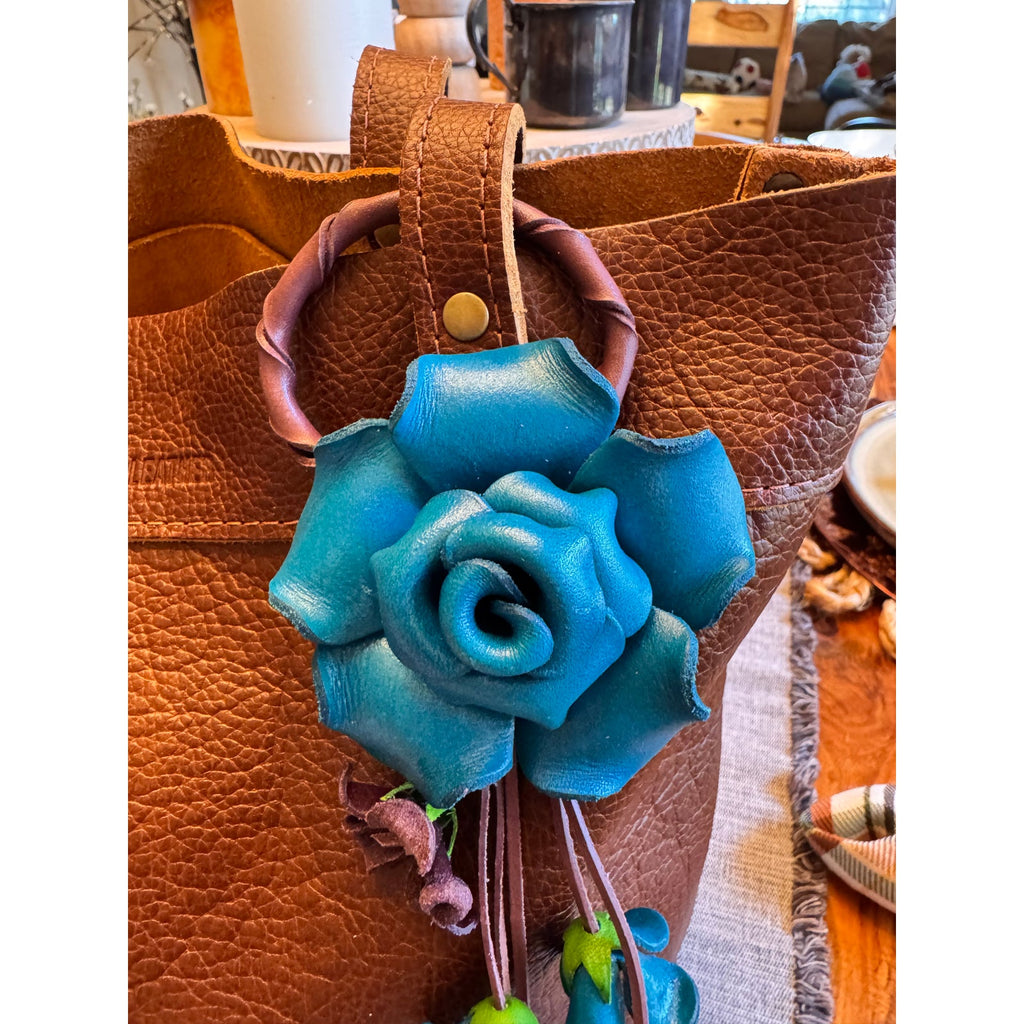 Bright Blue Rose Purse Charm Flower Bag Charm Genuine Leather Accessories NEW!