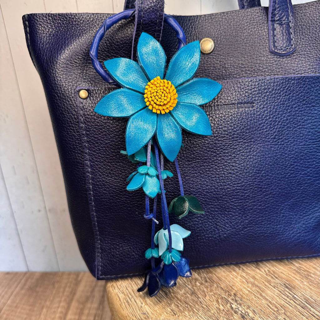 Leather Purse Charm Blue Flower Charm Genuine Leather Daisy Bag Charm NEW!