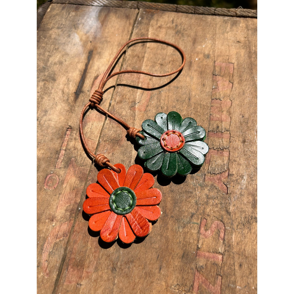 Genuine Leather Green Orange Daisy Bag Charm Flowers Purse Charm