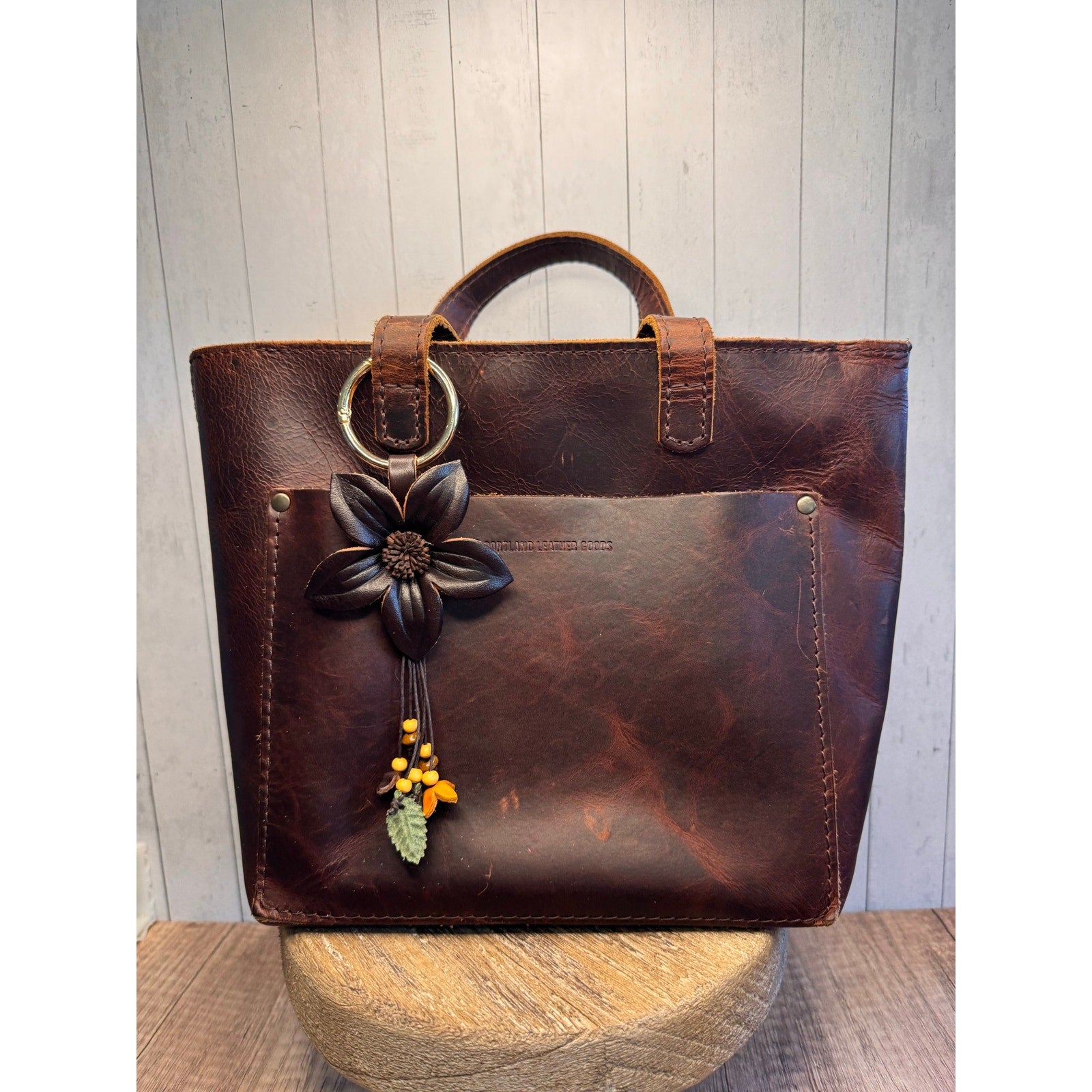 Brown Neutral Flower Daisy Purse Charm Genuine Leather Flower Bag Charm NEW!