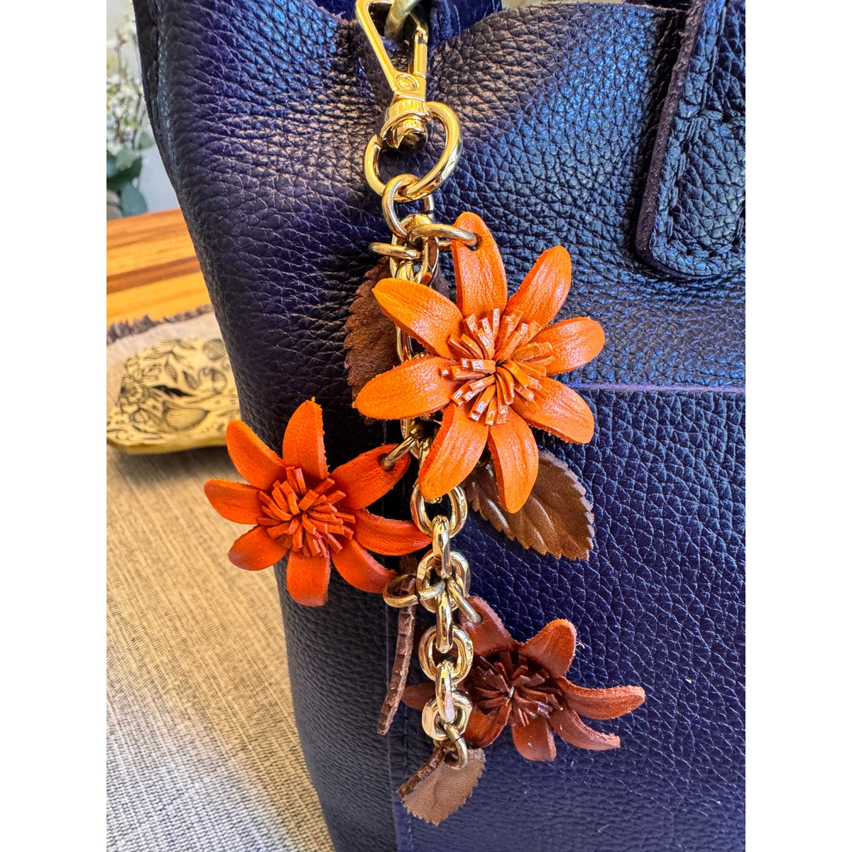 Autumn Orange Flower Bag Charm Genuine Leather Purse Charm Flower Charms NEW!