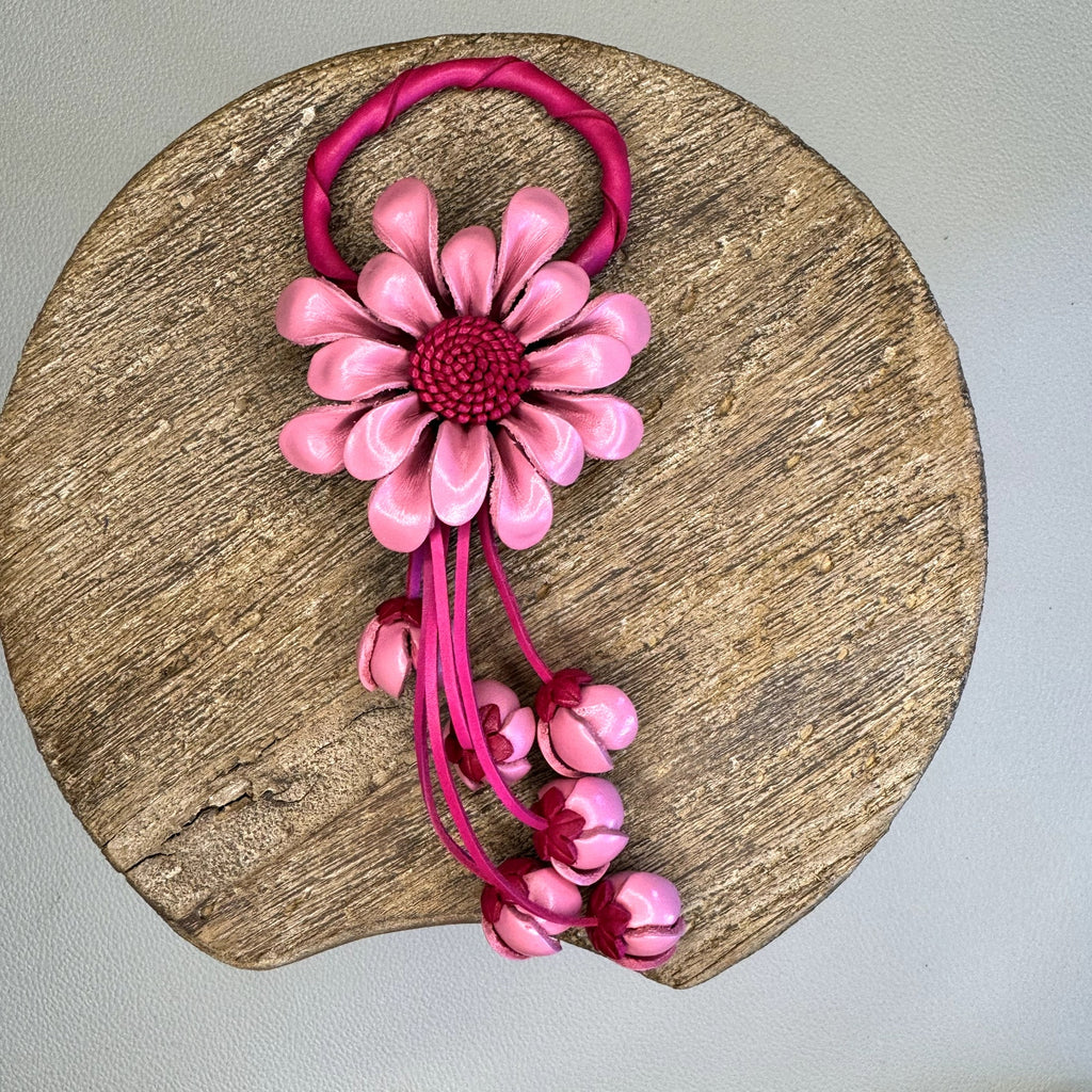 Leather Flower Purse Charm Genuine Leather Pink Gerbera Daisy Bag Charm