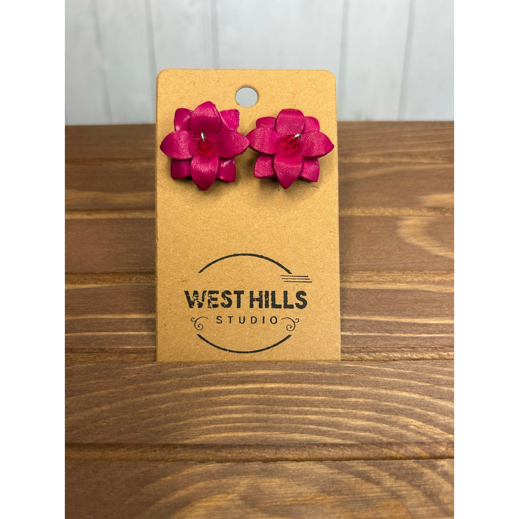 Genuine Leather Flower Earrings Bright Pink Pansy Post Earrings NEW!  FAST SHIP