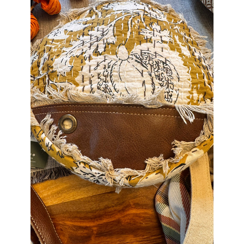 Fabric Flower Purse Beige Gold Circle Crossbody Bag Boho Accessories 9 inch