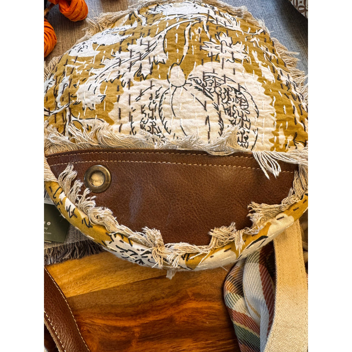 Fabric Flower Purse Beige Gold Circle Crossbody Bag Boho Accessories 9 inch