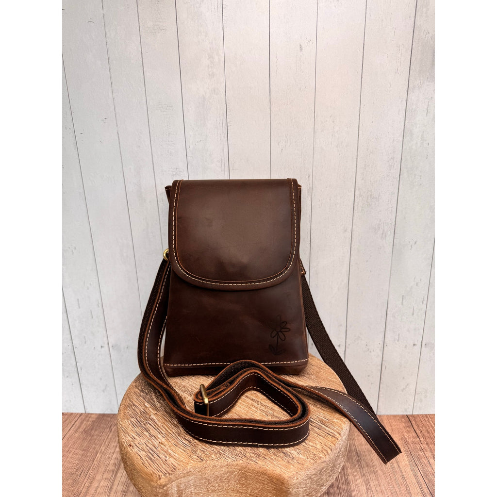 Genuine Leather Crossbody Purse GRIZZLY BROWN Leather Bag Passport Phone Bag