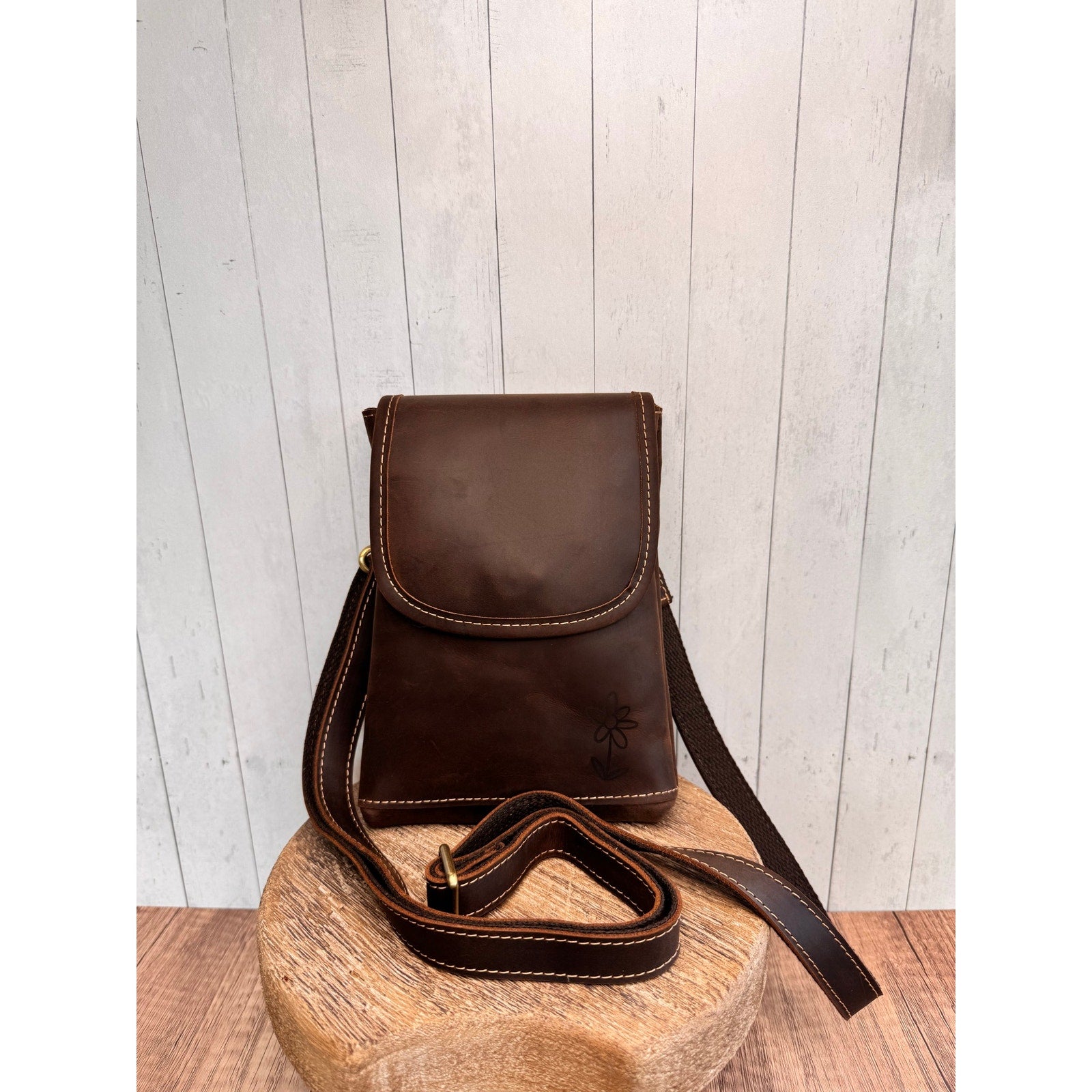 Genuine Leather Crossbody Purse GRIZZLY BROWN Leather Bag Passport Phone Bag