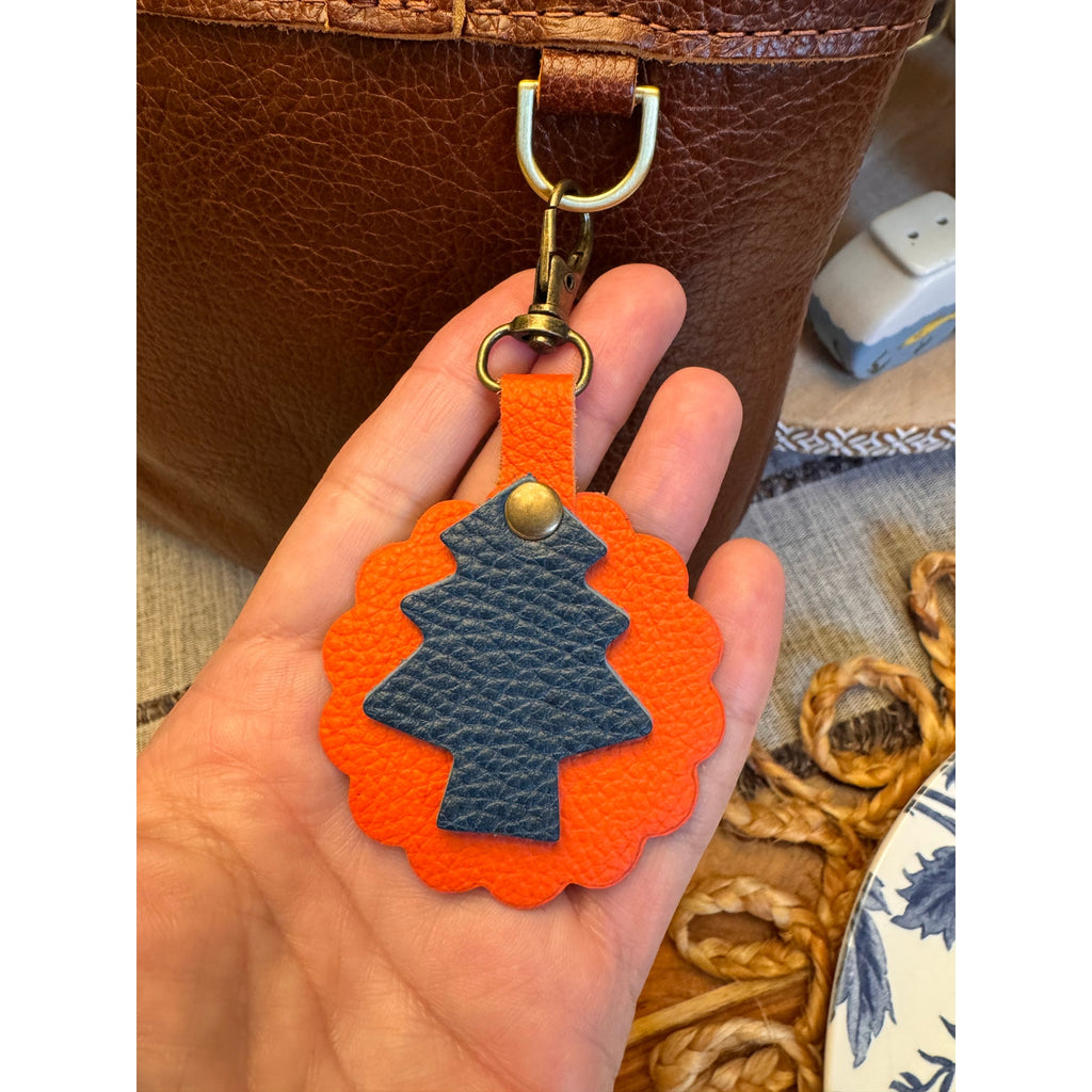Round Christmas Tree Bag Charm Genuine Leather Orange Blue Accessories NEW!