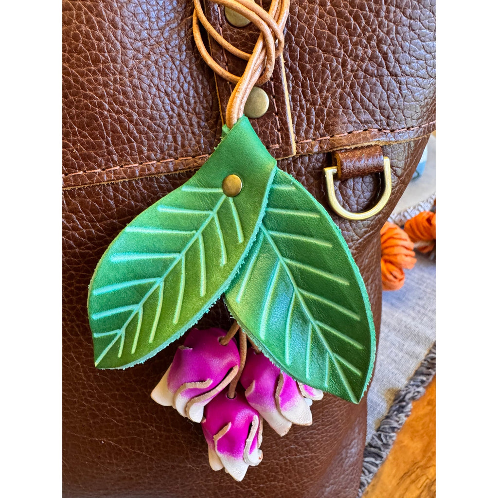 Genuine Leather Green Leaf Hot Pink Flower Purse Charm Leather Bag Charm