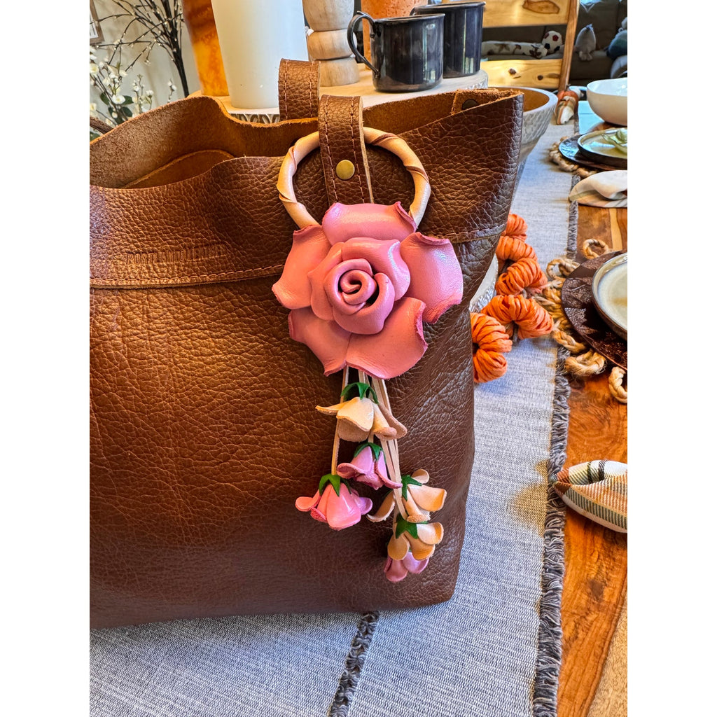 Poppy Pink Rose Purse Charm Flower Bag Charm Genuine Leather Accessories NEW!