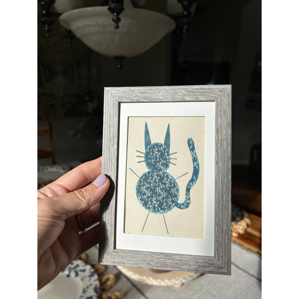 Kitty Cat Cat Mini Picture Frame Original Art Canvas Wall Art Decor Blue Pattern