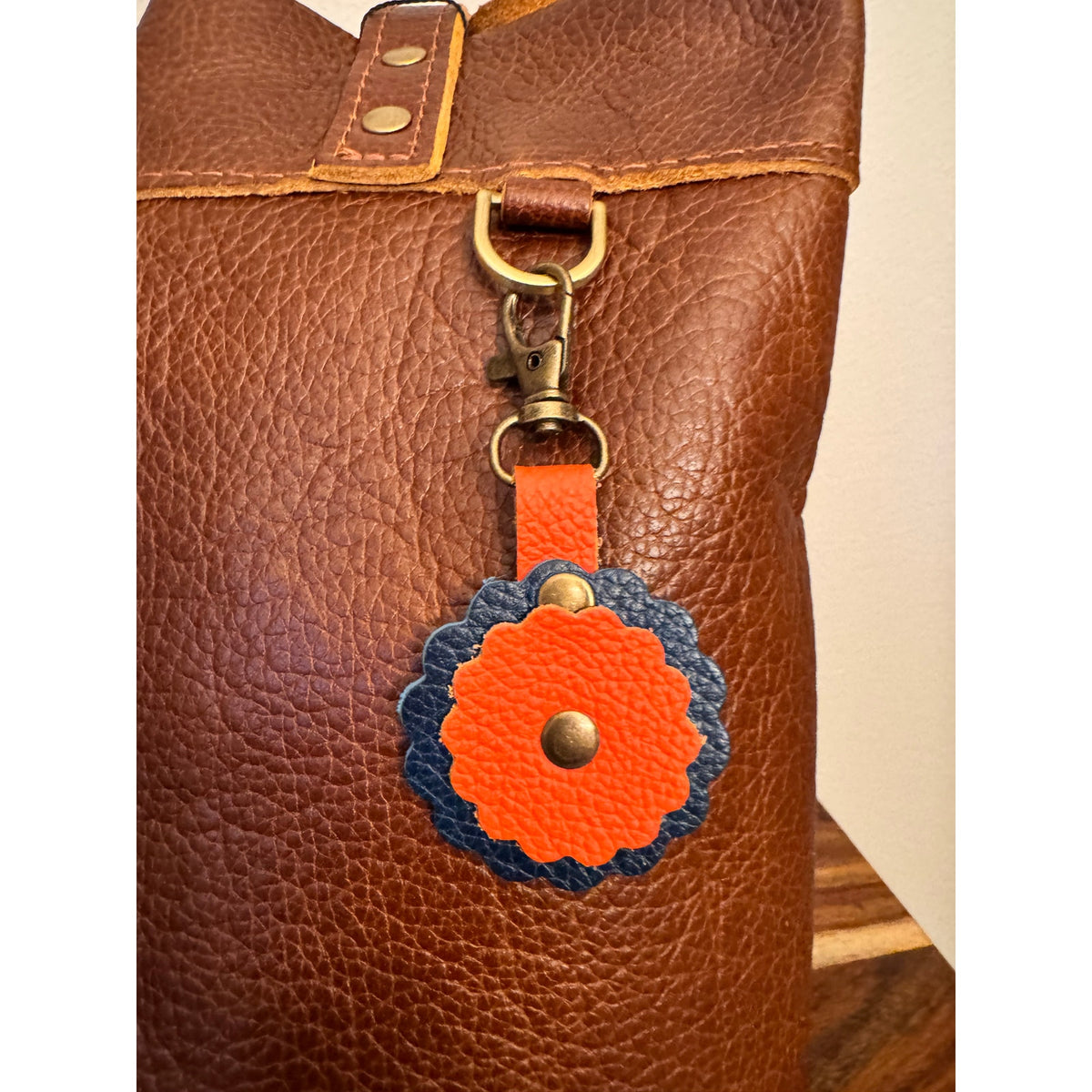 Blue Orange Bag Charm Genuine Leather Purse Charm Scalloped Cute Accessories