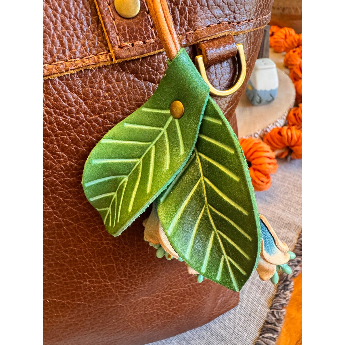 Genuine Leather Green Leaf Blue Flower Purse Charm Leather Bag Charm