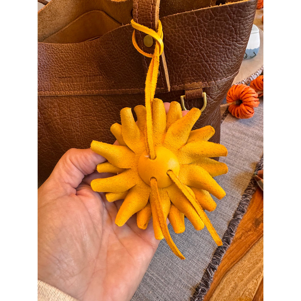 Yellow Sunflower Genuine Leather Purse Charm Leather Yellow Bag Charm