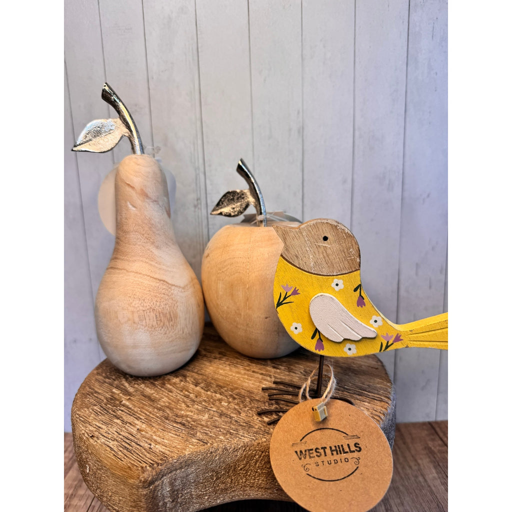 Rustic Wood Apple Wood Pear Yellow Bird Home Decor Set of 3 Wood Decor FAST SHIP