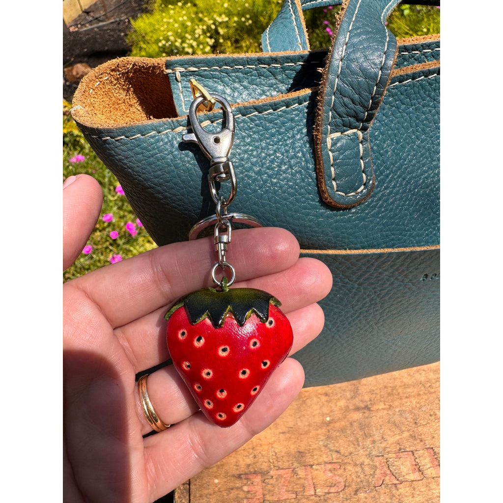 Genuine Leather Strawberry Purse Charm Hand Painted Strawberry Fruit Bag Charm