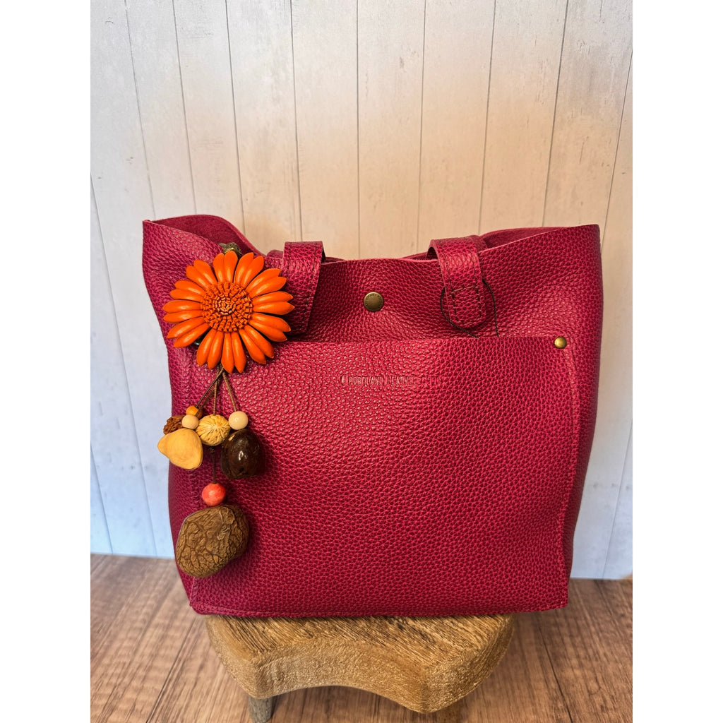 Summer Orange Gerbera Daisy Purse Charm Genuine Leather Flower Bag Charm