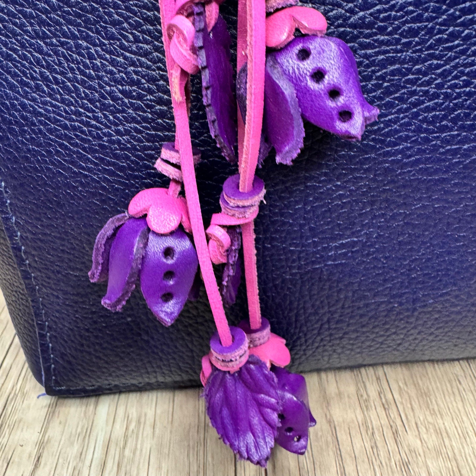 Purple Dahlia Leather Flower Purse Charm Genuine Leather Purple Flower Bag Charm