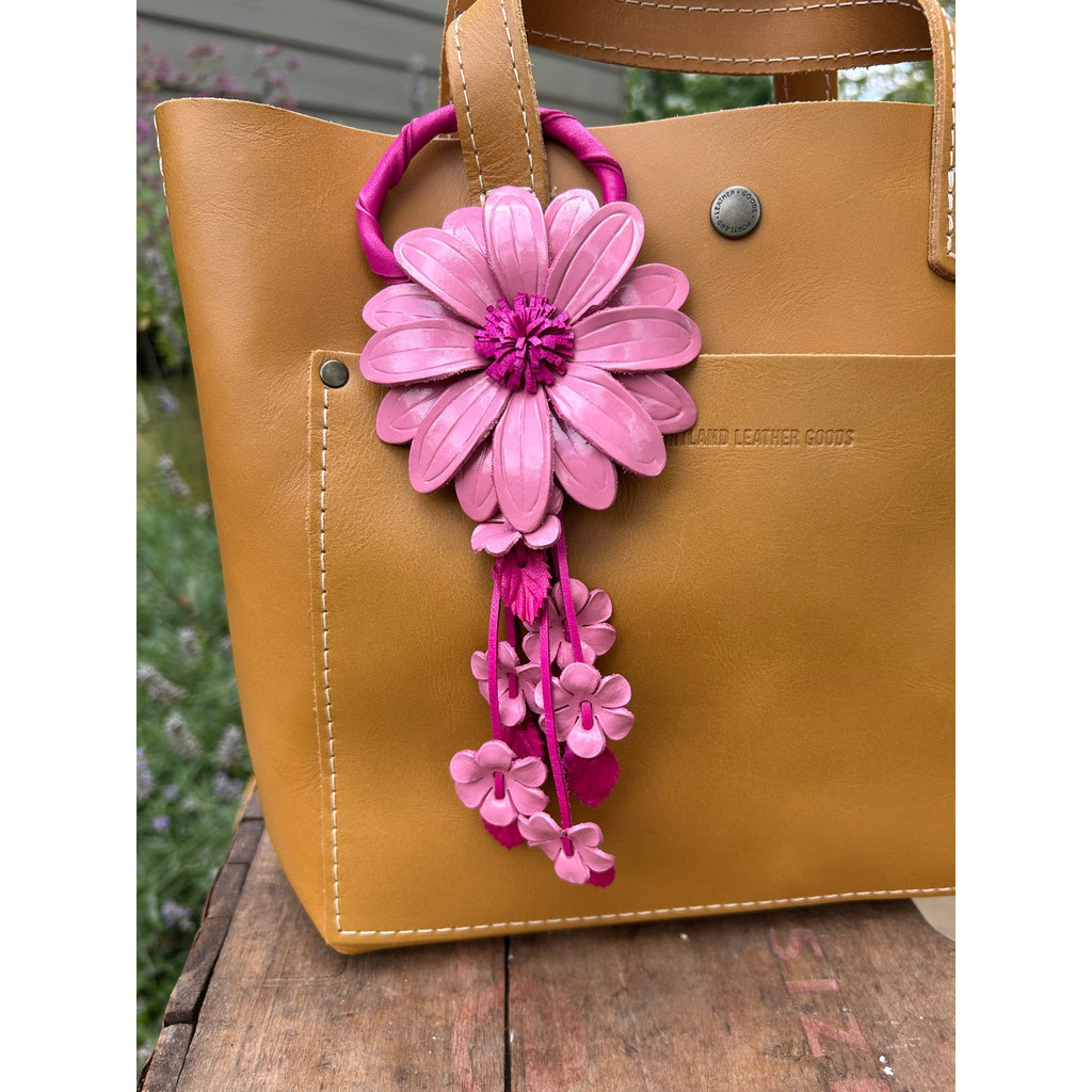 Flower Genuine Leather Bag Charm Pink Daisy Leather Purse Crossbody Keychain