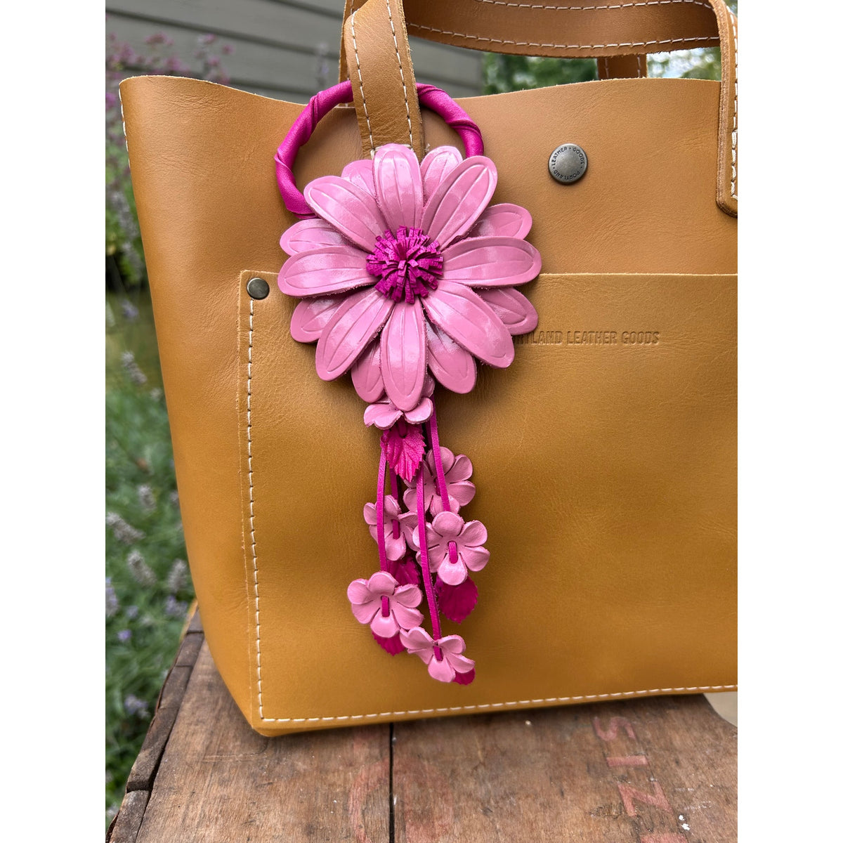 Flower Genuine Leather Bag Charm Pink Daisy Leather Purse Crossbody Keychain