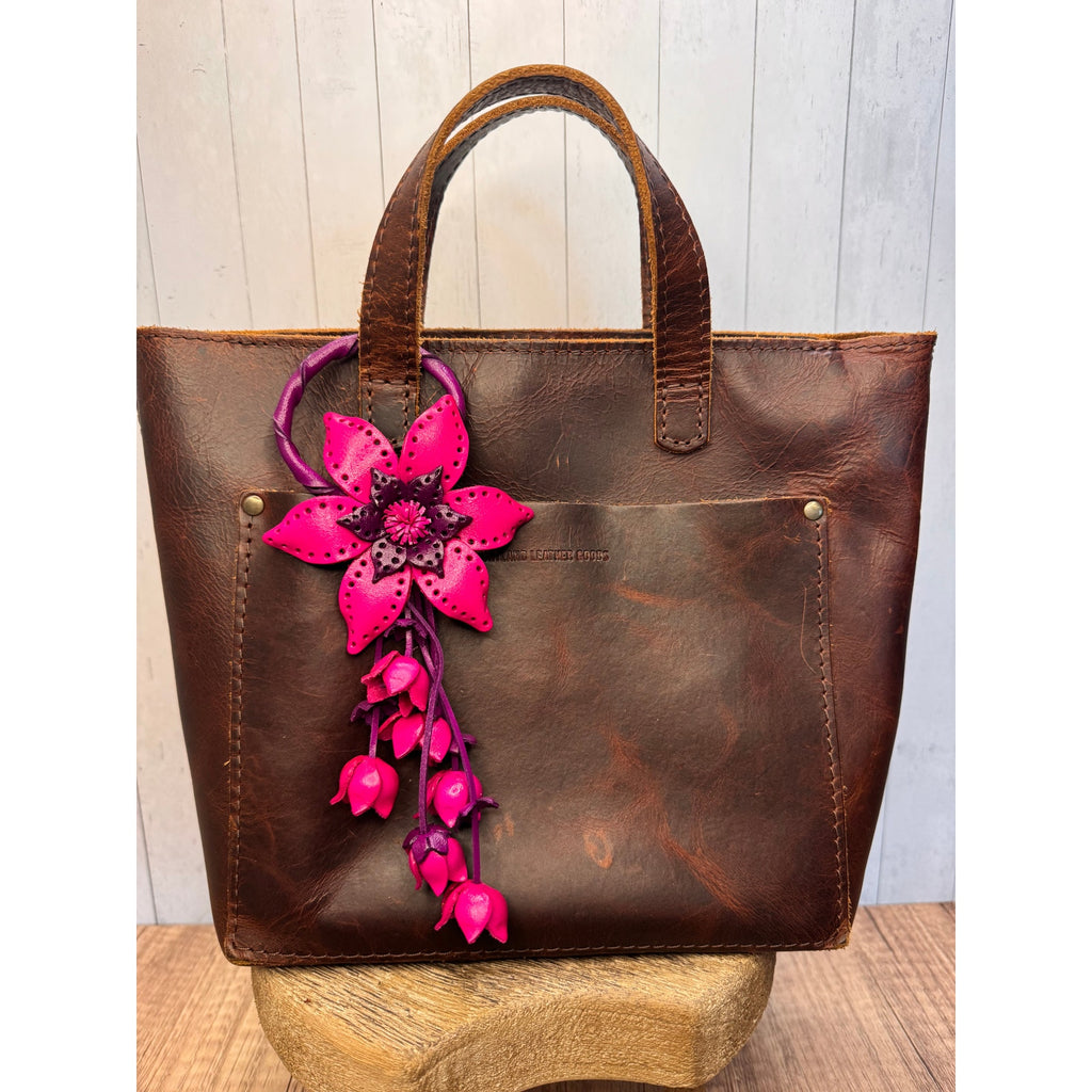 Leather Purse Charm Genuine Leather Bright Pink Flower Bag Charm NEW FAST SHIP